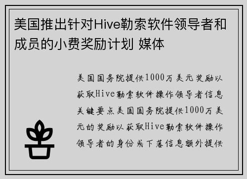 美国推出针对Hive勒索软件领导者和成员的小费奖励计划 媒体