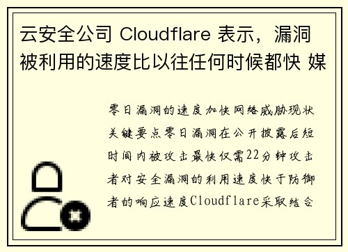 云安全公司 Cloudflare 表示，漏洞被利用的速度比以往任何时候都快 媒体